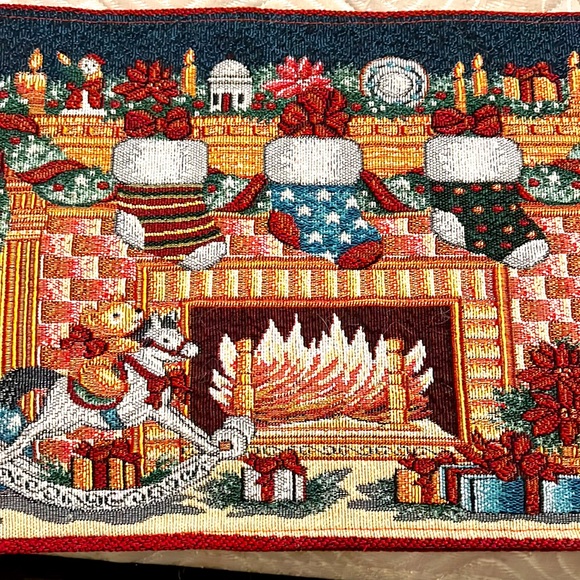Holiday Table Runner Fireplace with Stockings Rockinghorse 70” Long 12” wide - Picture 1 of 11